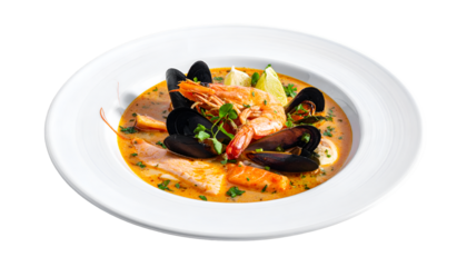 Traditional italian fish soup with shrimp, mussels and salmon isolated on transparent png