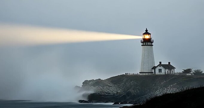 A lighthouse beams light through fog over rocky shores, guiding ships in a coastal landscape