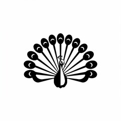 A stylized black and white illustration of a peacock with a fanned tail. The image is a simple, symmetrical design on a white background