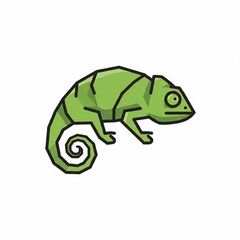 A stylized green chameleon with dark outlines and an expressive eye, curled tail. Image is on a white background