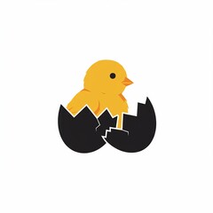 A vibrant yellow chick emerges from a cracked, dark eggshell against a clean white backdrop, in a simple, illustrative style