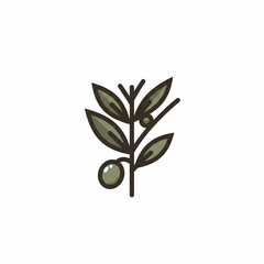 Simple, line art illustration of an olive branch with leaves and olives against a clean white background