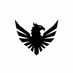 A sleek, geometric silhouette of a majestic bird with outstretched wings, facing forward, rendered in solid black against a white background