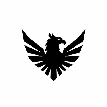 A sleek, geometric silhouette of a majestic bird with outstretched wings, facing forward, rendered in solid black against a white background