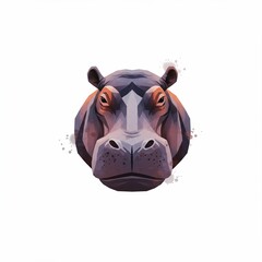 A stylized, front-facing illustration of a hippopotamus head with geometric forms and soft watercolor-like textures