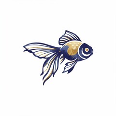 An illustrated goldfish with intricate blue, gold, and white detailing, set against a clean white background