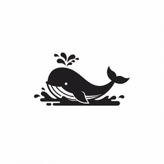 A stylized black and white illustration of a whale, splashing water. Simplistic, graphic design on a white background