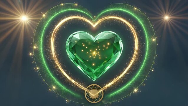 three-dimensional animated sequence depicting a spinning green crystalline structure symbolizing the heart energy center from spiritual traditions  associated with emotional healing and historical