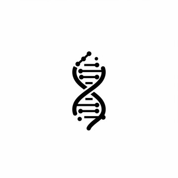 A stylized, black and white depiction of a DNA double helix, featuring dots and connected lines on a plain white background