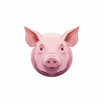 A stylized, front-facing illustration of a pig's head, created with geometric shapes and soft shading in pink hues