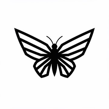 A symmetrical black butterfly silhouette with striped wings and delicate antennae, isolated against a white background