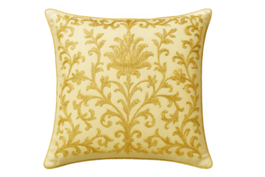 Golden embroidered pillow with ornate floral pattern - Powered by Adobe