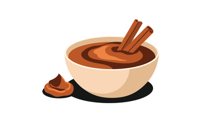 Delicious bowl of rich chocolate dessert or warm beverage topped with aromatic cinnamon sticks and a side dollop, ready to enjoy.