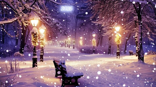 Snowy Park Pathway with Lamp Posts and Benches in Winter Scene for Seasonal and Holiday Use