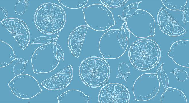 Seamless pattern of white line art lemons, some with leaves, and lemon slices on a blue background, perfect for summer designs or textile prints.