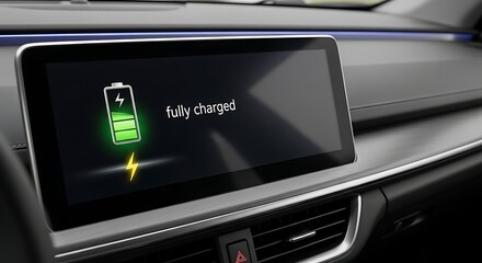 Modern car interior dashboard with digital screen displaying a fully charged battery icon and text, symbolizing electric vehicle technology and efficiency