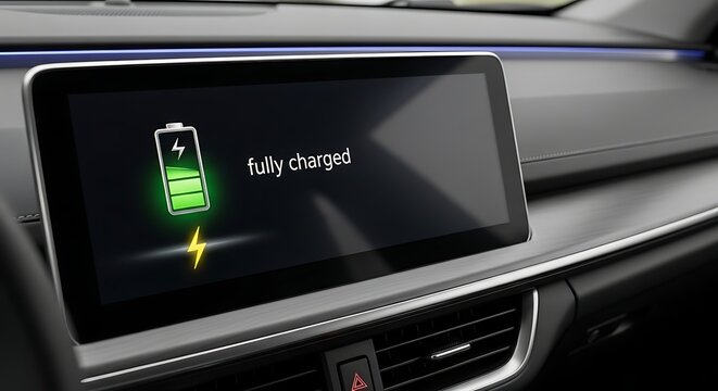 Modern car interior dashboard with digital screen displaying a fully charged battery icon and text, symbolizing electric vehicle technology and efficiency