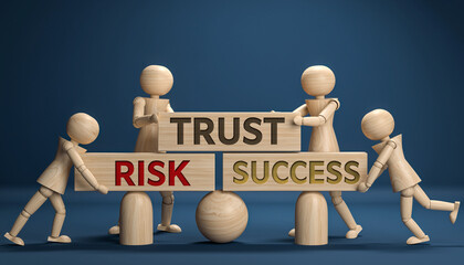Wooden figures cooperate to balance blocks labeled trust, risk, and success, symbolizing teamwork, support, and achieving goals together in business or personal context
