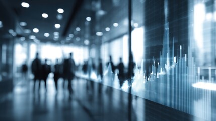 A blurred image depicting a digital graph in a modern setting, with figures of people in the background, highlighting data analysis and technology.
