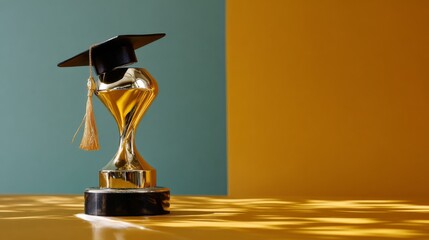 Graduation cap on a gold trophy against a two tone background with shadows on a glossy surface