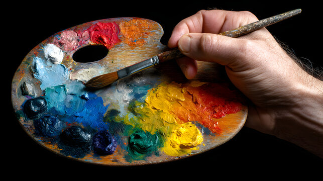 Artist's hand holding a wooden palette with various colors of oil paint and a brush, ready for creative work in a studio - Powered by Adobe