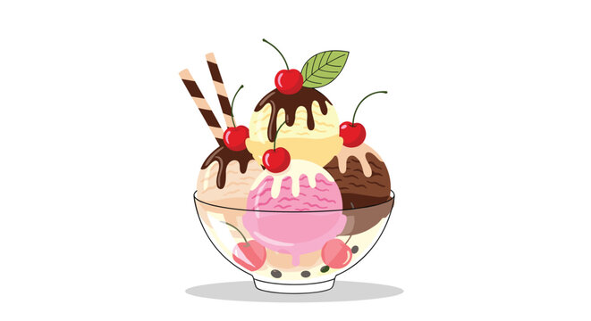 Delicious multi-scoop ice cream sundae with chocolate syrup, fresh cherries, and crunchy wafer sticks in a clear glass bowl.