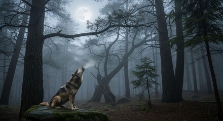 Obraz premium Moonlit Symphony of the Wild: A lone wolf, bathed in the ethereal glow of the moon, serenades the tranquil forest with its haunting howl, evoking a sense of primal beauty and untamed wilderness.