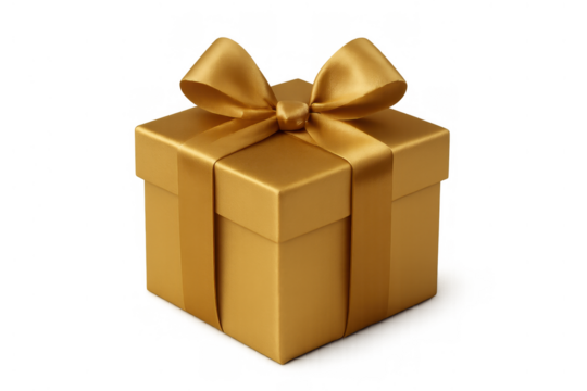Golden gift box with a satin bow, symbolizing celebration, luxury, and special occasions on a transparent background