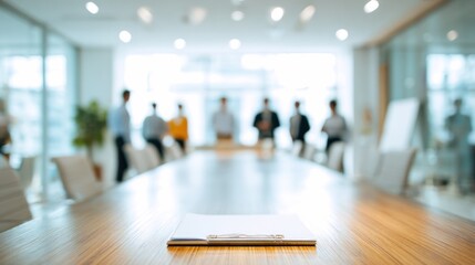 A modern conference room with a wooden table and blurred figures of people in the background, suggesting a business meeting in progress.