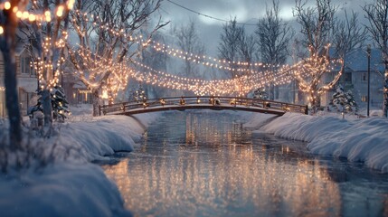 Snowy Winter Canal Scene with String Lights and Wooden Bridge in Twilight