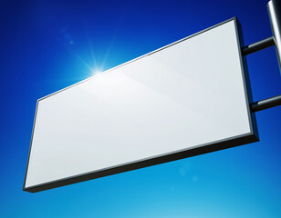 : A blank, horizontal rectangular roadside billboard or sign mockup mounted on a pole, seen against a vibrant gradient blue sky with sharp sunlight and lens flare effect.