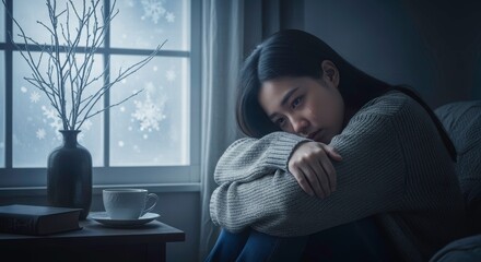 Solitude and Reflection: A young woman is enveloped in a moment of deep contemplation, curled up indoors in a peaceful state of mind near a window.