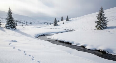 Winter Wonderland Scene: A serene winter landscape unfolds, with a winding stream carving its way through a snow-covered terrain, accented by scattered evergreen trees.