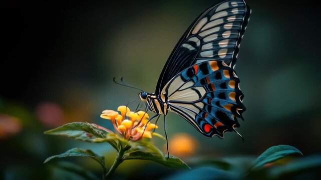 Butterfly drinks nectar from a yellow flower, wings detailed