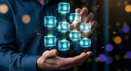 Fototapeta premium Hands holding glowing blockchain cubes with digital locks symbolizing secure data and network connections, representing innovation and cybersecurity solutions.