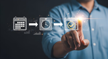 Dynamic businessman planning successful project timeline by touching digital calendar stopwatch checkmark icons on futuristic interface