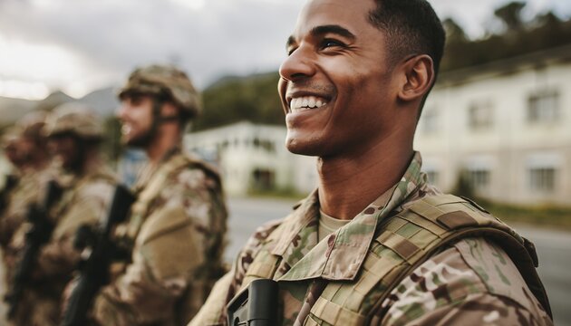 Smiling African American soldier in camouflage uniform with his unit, concept for military recruitment, national security and patriotism - Powered by Adobe