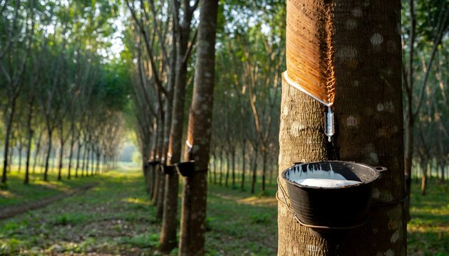 Close-up of rubber tree trunk with latex collection in plantation, green background. Concept for rubber industry, sustainable agriculture and natural resource management