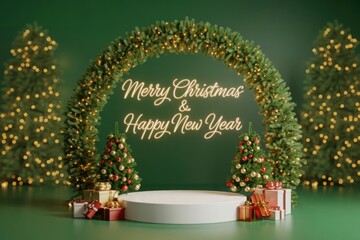 Christmas trees and gifts display podium merry christmas happy new year illustration