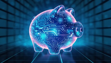 Glowing piggy bank with electronic circuit pattern on blue background, concept for financial technology, digital banking solutions and online payment systems