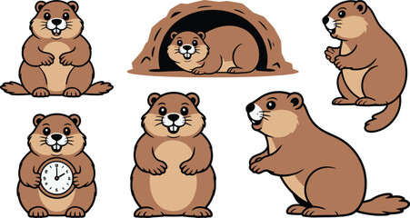Fototapeta premium Cartoon Groundhog Set Burrow, Clock, Standing, and Posing Cute Marmots with White Background