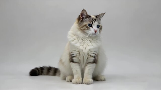 Adolescent Feline with Long Pale Fur and Striking Blue Eyes Seated on a Neutral