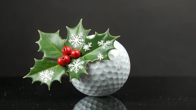 Golf Ball Adorned with Seasonal Evergreen Decor and Positioned on a Reflective Dark