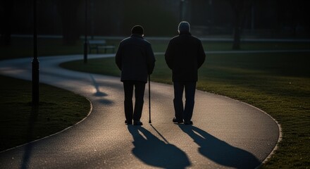 Two elderly men walking on a park path in the evening light, their shadows stretching