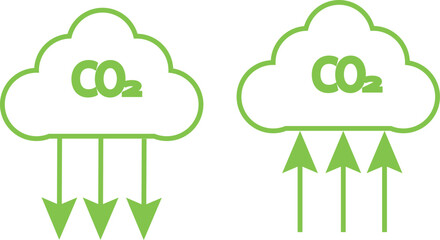 Green Icons for Carbon Reduction and Release: Cloud and Arrow Diagram
