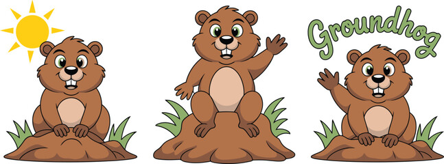 Fototapeta premium Cartoon Groundhogs Emerging from Mounds with Waving Hand and Groundhog Text Above
