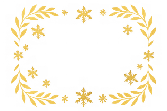 Golden winter wreath frame with branch leaves and scattered snowflakes on transparent background for festive design - Powered by Adobe