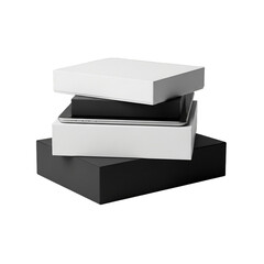 Three unbranded electronics gift boxes (phone, tablet, watch) in minimalist white/black packaging, neatly stacked. Ideal for tech deals, holiday gift guides, promotions, e-commerce,