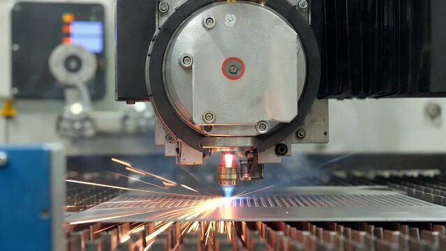 Close-Up Blurred Focus View of a CNC Laser Cutting Machine Nozzle Emitting Sparks While Precision Cutting