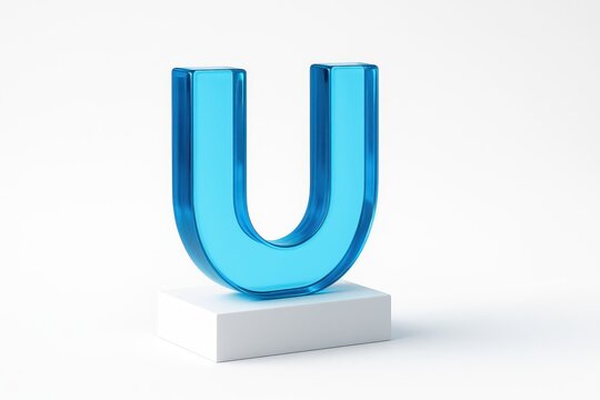 Blue transparent glass letter U standing upright on a matte white acrylic block isolated on pure white